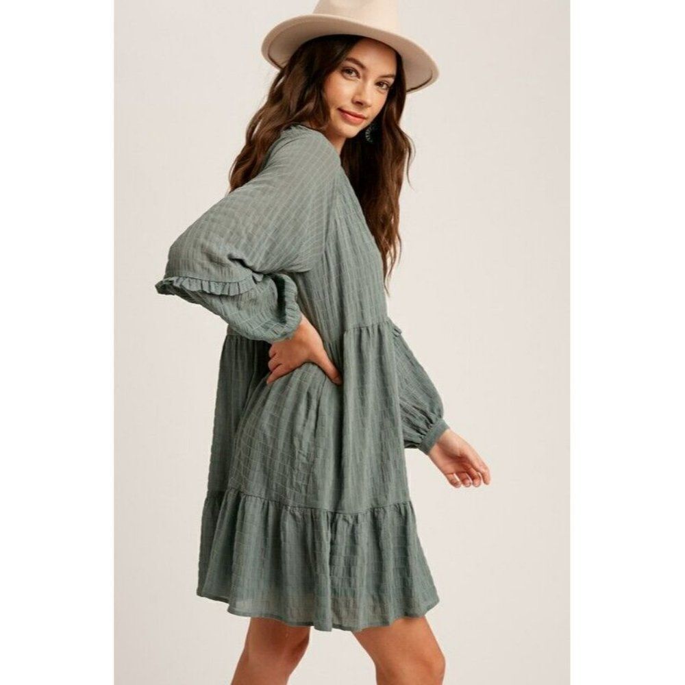 sale! Listicle Plaid Textured V-neck Accent Babydoll Dress Sage Green S-L LD0933 - Picture 5 of 7